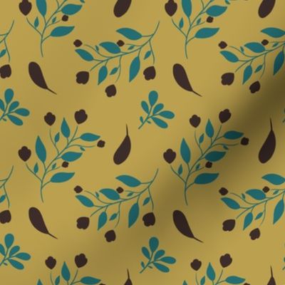 Brown Flowers, Teal Leaves // Throw Pillows Fabric // 4x4