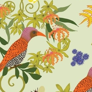 Floral with bird, leaves, flowers, butterflies on a soft green background