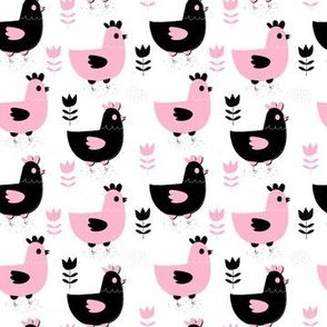 Cute hens and flowers in pink and black, simple floral Scandi design