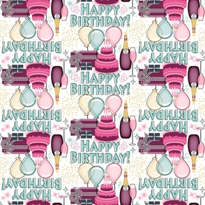 Elegant Happy Birthday Celebration // Birthday Cake, Flickering Candles, Balloons, Gifts, Sparkling Wine, Confetti and Streamers // Fuchsia, Pink, Blue, Gold, Plum Purple, Navy, White // 700 DPI