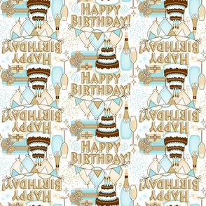 Elegant Happy Birthday Celebration // Birthday Cake, Flickering Candles, Bunting, Balloons, Gifts, Sparkling Wine, Confetti and Streamers // Turquoise Blue, Gold, Beige, Chocolate Brown, White // 700 DPI