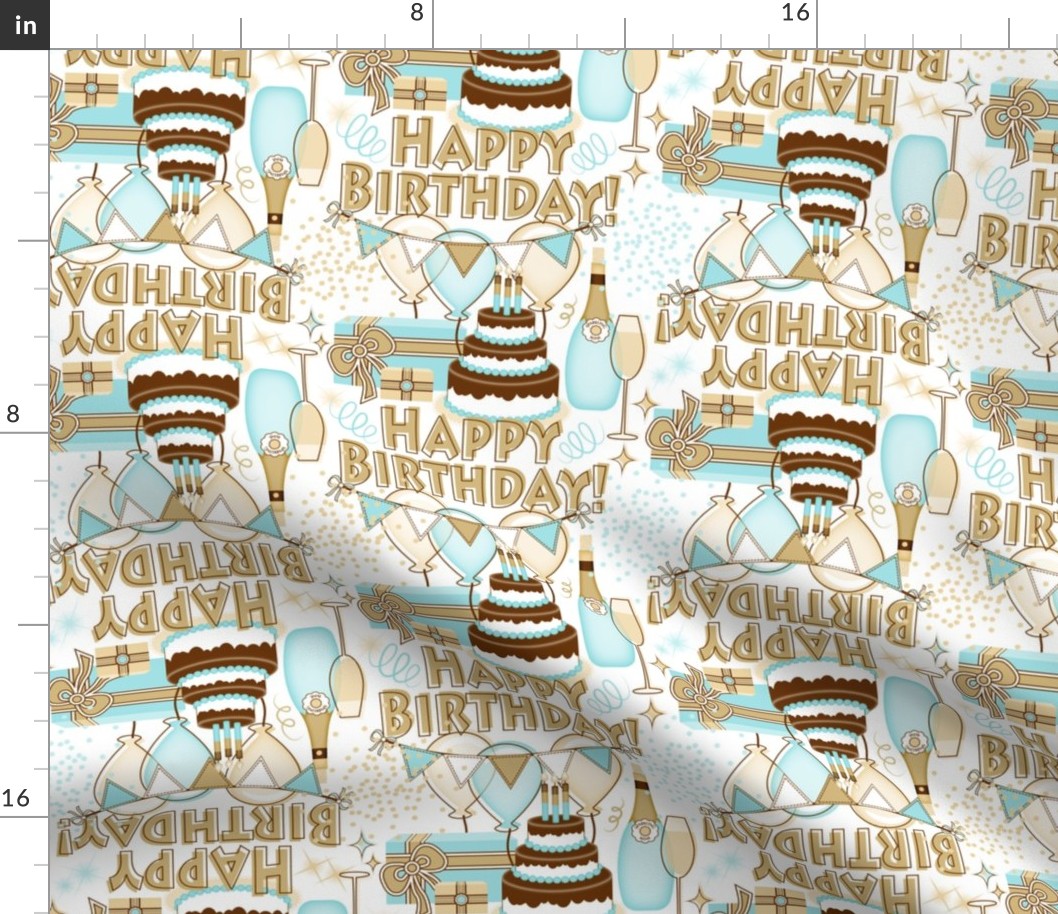 Elegant Happy Birthday Celebration // Birthday Cake, Flickering Candles, Bunting, Balloons, Gifts, Sparkling Wine, Confetti and Streamers // Turquoise Blue, Gold, Beige, Chocolate Brown, White // 700 DPI