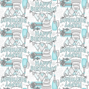 Elegant Happy Birthday Celebration // Birthday Cake, Flickering Candles, Bunting, Balloons, Gifts, Sparkling Wine, Confetti and Streamers // Turquoise Blue, Gray, White // 700 DPI