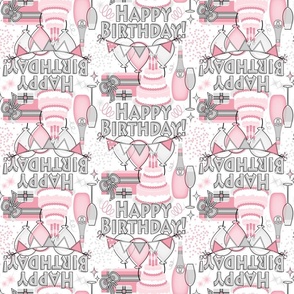 Elegant Happy Birthday Celebration // Birthday Cake, Flickering Candles, Bunting, Balloons, Gifts, Sparkling Wine, Confetti and Streamers // Pink, Gray, White // 700 DPI