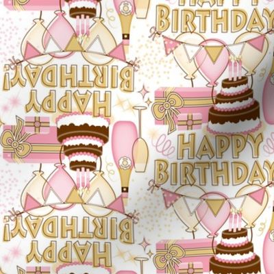 Elegant Happy Birthday Celebration // Birthday Cake, Flickering Candles, Bunting, Balloons, Gifts, Sparkling Wine, Confetti and Streamers // Pink, Gold, Beige, Chocolate Brown, White // Custom Size for Mica - 965 DPI 
