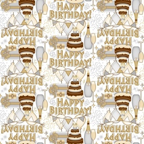 Elegant Happy Birthday Celebration // Birthday Cake, Flickering Candles, Bunting, Balloons, Gifts, Sparkling Wine, Confetti and Streamers // Gold, Gray, Chocolate Brown, White // 700 DPI