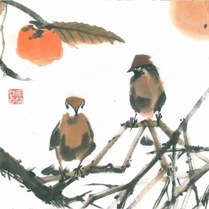 Two birds chatting in Kaki Tree - Japanese Sumie painting