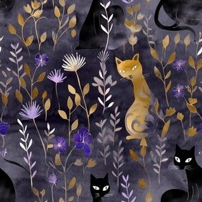 Gold and Black Cats in field of flowers