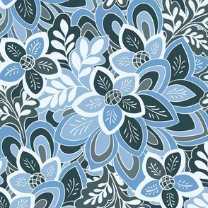 Winter boho floral garden Pantone Ultra-Steady Blue and Charcoal by Jac Slade