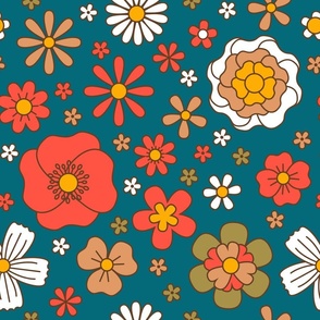 Groovy 60s flowers on turquoise