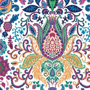 Bright Paisley floral artistic motifs on white in psychedelic colors