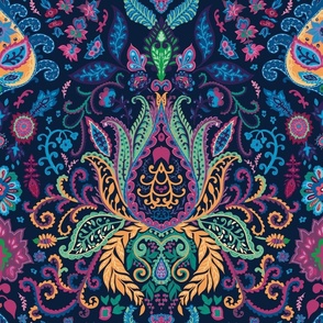 Bright Paisley artistic motifs on magenta in psychedelic colors