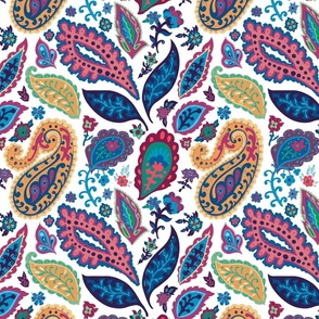 Bright Paisley artistic motifs on white in psychedelic colors