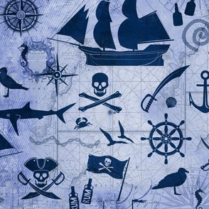 Pirates And Seaside Design On Vintage Map Navy Blue