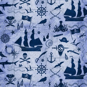 Pirates And Seaside Design On Vintage Map Navy Blue Smaller Scale