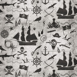 Pirates And Seaside Design On Vintage Map Grey Smaller Scale