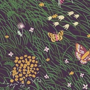 Not AI - Painterly Meadow Floor with Grass, Flowers and Butterflies  with Dark Purple Background