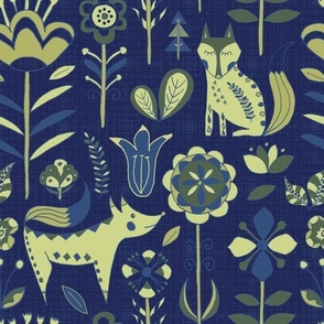 Scandinavian Foxes and Flowers in Blue and Green