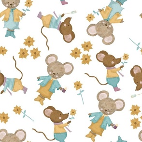 Autumn mice with sunflowers (large scale) - sweet fall pattern with mouse friends holding hot chocolate, sunflowers and marshmallows