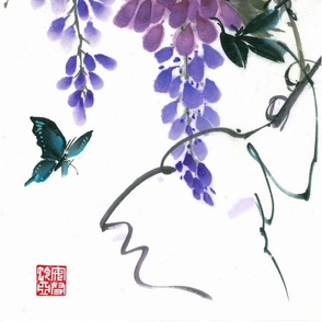 Ransui's butterfly with Wisteria - Sumie painting