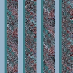 BHMN2 - Variegated Width Bohemian Stripes   in Rustic Pastel Blue and Turquoise  - half drop layout - 4 inch fabric repeat - 6 inch wallpaper repeat