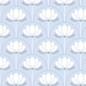 Small scale / White lotus art deco flowers on icy blue gray / Monochromatic holiday lilies florals / modern minimal and cool neutrals whimsical winter blossoms powder blue mid mod spa yoga zen decor