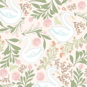 (S) Whimsical garden with Swans and pastel florals for Kids room wallpaper and decor