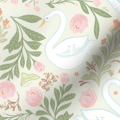 (M) Whimsical garden with Swans and pastel florals for Kids room wallpaper and decor
