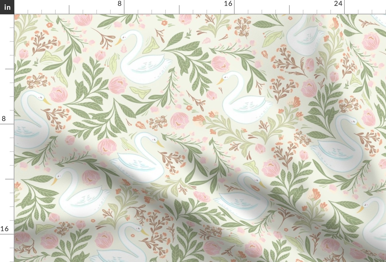 (M) Whimsical garden with Swans and pastel florals for Kids room wallpaper and decor