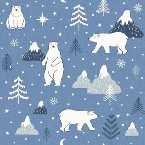 (M) polar bear winter  forest  snowy mountains blue