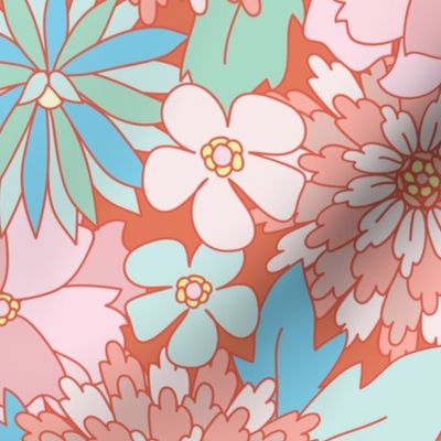 Playful Vibrant Retro florals in shades of Pink, Peach and Blue