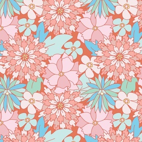 Playful Vibrant Retro florals in shades of Pink, Peach and Blue