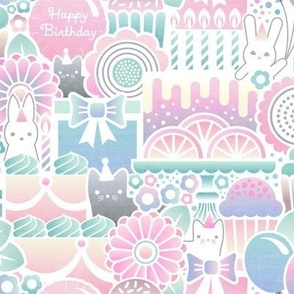 S - Cat & Bunny Birthday Party Purple Pink Teal 