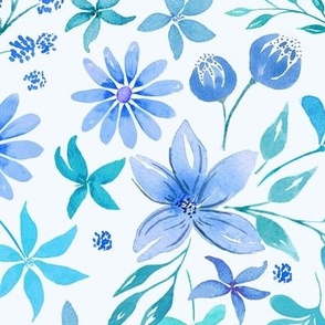 watercolor floral with spring flowers, daisies in blues and white large scale for bedding and wallpaper