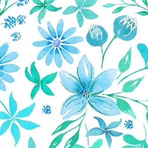 watercolor floral with spring flowers, daisies in green and teal blues large scale for bedding and wallpaper