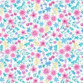 watercolor floral with spring flowers, daisies in pink, turquoise blue and yellow, ditsy scale for fabric