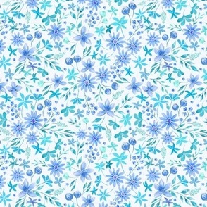 watercolor floral with spring flowers, daisies blue and white, ditsy scale for fabric