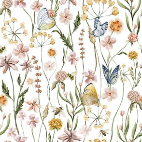 18" Dried Pressed Wildflowers Meadow With Butterflies  white- for home decor Baby Girl and nursery fabric perfect for kidsroom wallpaper,kids room