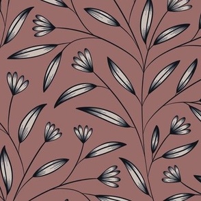 Black Line Flowers and Leaves | Copper Rose, Silver Rust | Floral