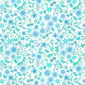 watercolor floral with spring flowers, daisies in green and teal blues, ditsy scale for fabric