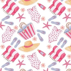 enjoy and relax- flip flop, straw hat,  beach bag and swimming suit  in watercolor seamless pattern
