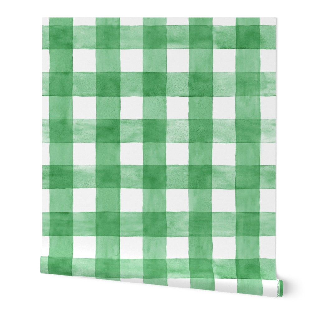 Kelly Green Watercolor Gingham - Large Shamrock Bright Grass Checker Plaid