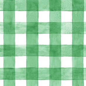 Kelly Green Watercolor Gingham - Large Scale - Shamrock Bright Grass Green Checkers Buffalo Plaid