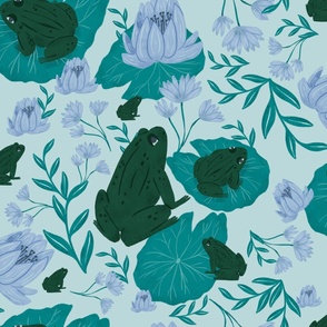 Ultra-Steady Green and Blue Frogs on Lily Pads with Water Lilies Pattern for a Calming and Serene Feel