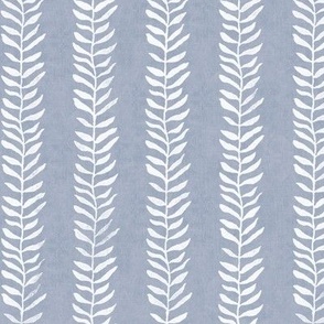 Botanical Block Print, White on Mineral Blue | Block printed leaf pattern fabric in crisp white on soft blue, rustic fabric, plant fabric, nature decor, blue and white.