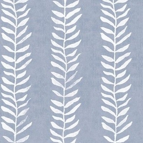 Botanical Block Print, White on Mineral Blue (large scale) | Block printed leaf pattern fabric in crisp white on soft blue, rustic fabric, plant fabric, nature decor, blue and white.