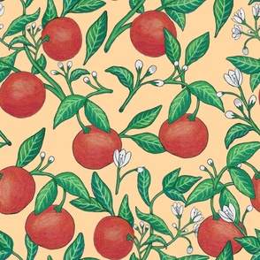 "Hand-Painted Gouache Oranges with Vines, Leaves, and Blooms in a Gorgeous and Lush Pattern