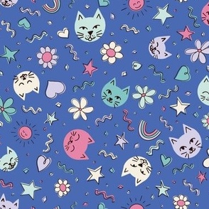 Everyone loves a Cat Party! Featuring a few winking, smiling and napping cats as well as hearts, stars, flowers, confetti, rainbow and suns complete this design in blue, pink and teal.