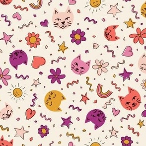 Cat Party!  Designed with pink, purple, coral and mustard yellow.