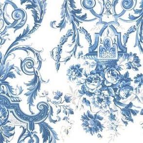 English Chinoiserie Floral Bouquet Blue and White Jumbo 24 x 30